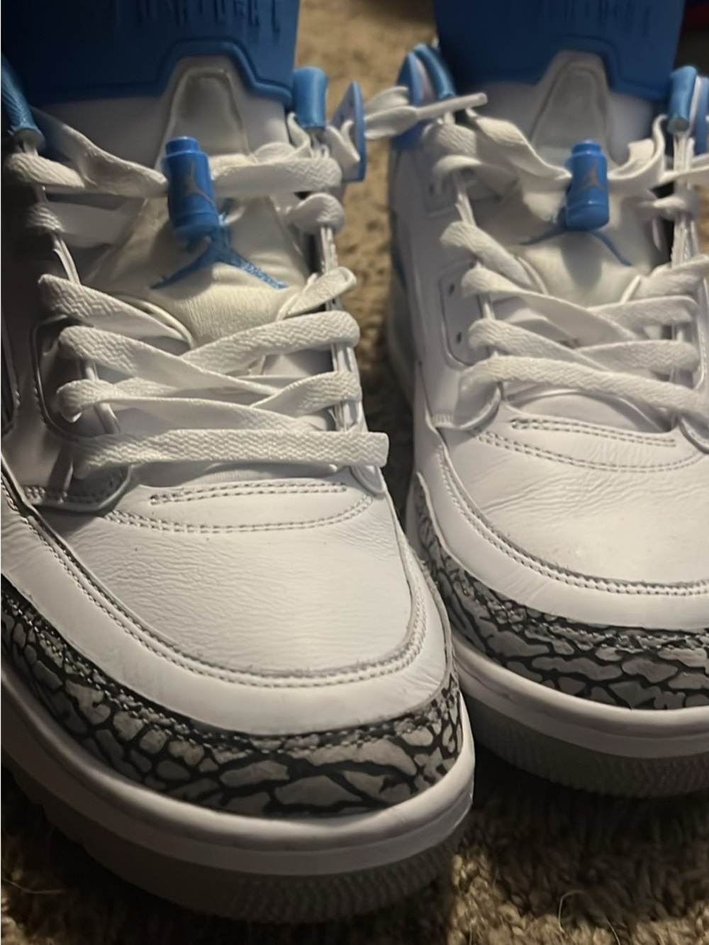 Jordan White and Light Blue Sneakers with Grey Elephant Print
